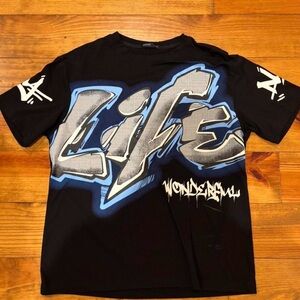 Black Graphic Tee with Blue and Gray Design